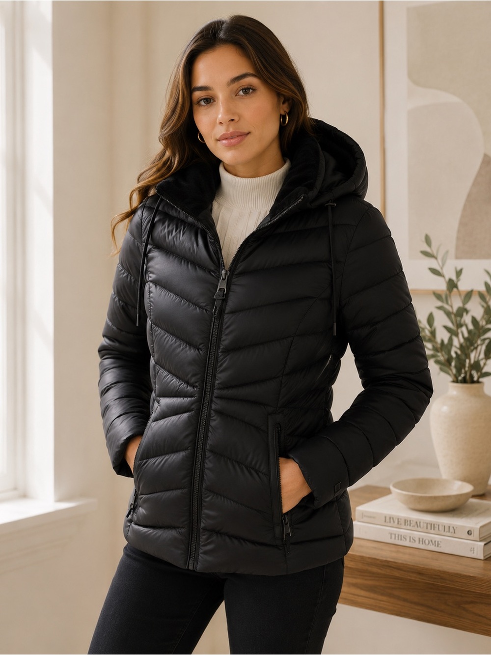 🖤 DKNY Black Puffer Jacket Size Large NWT Hooded Faux Fur Trim Warm 5°F